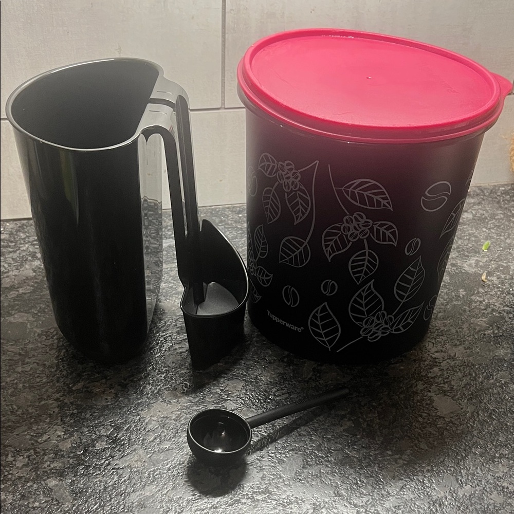 Tupperware Black Coffee Canister Station, insert and spoon  NWOT